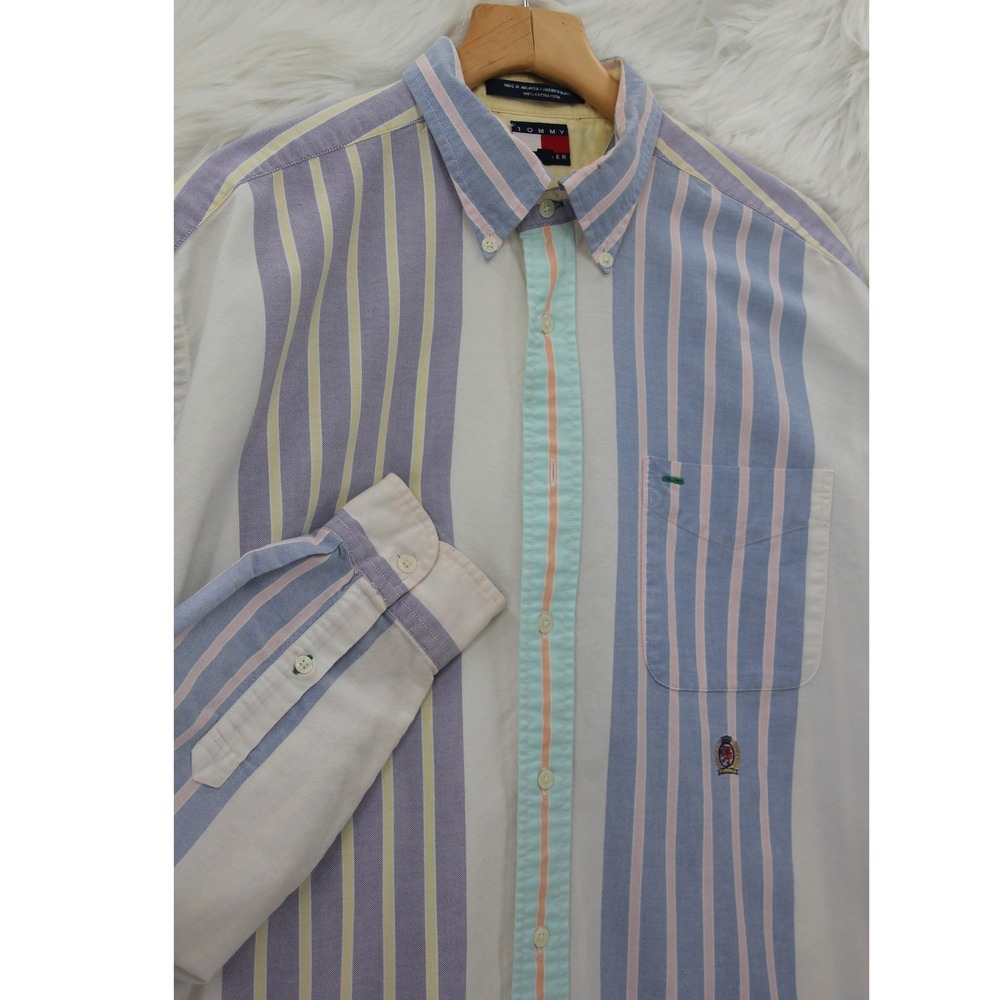 Vintage 90s Tommy Hilfiger Striped Oxford Shirt Men's L Pastel Multi Color Y2K
